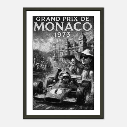 Motorsport Wandbild Monaco Grand Prix 1973 – klassisches Formel-1-Design im schwarzen Metallrahmen für stilvolle Wohnräume | DEFA Designs