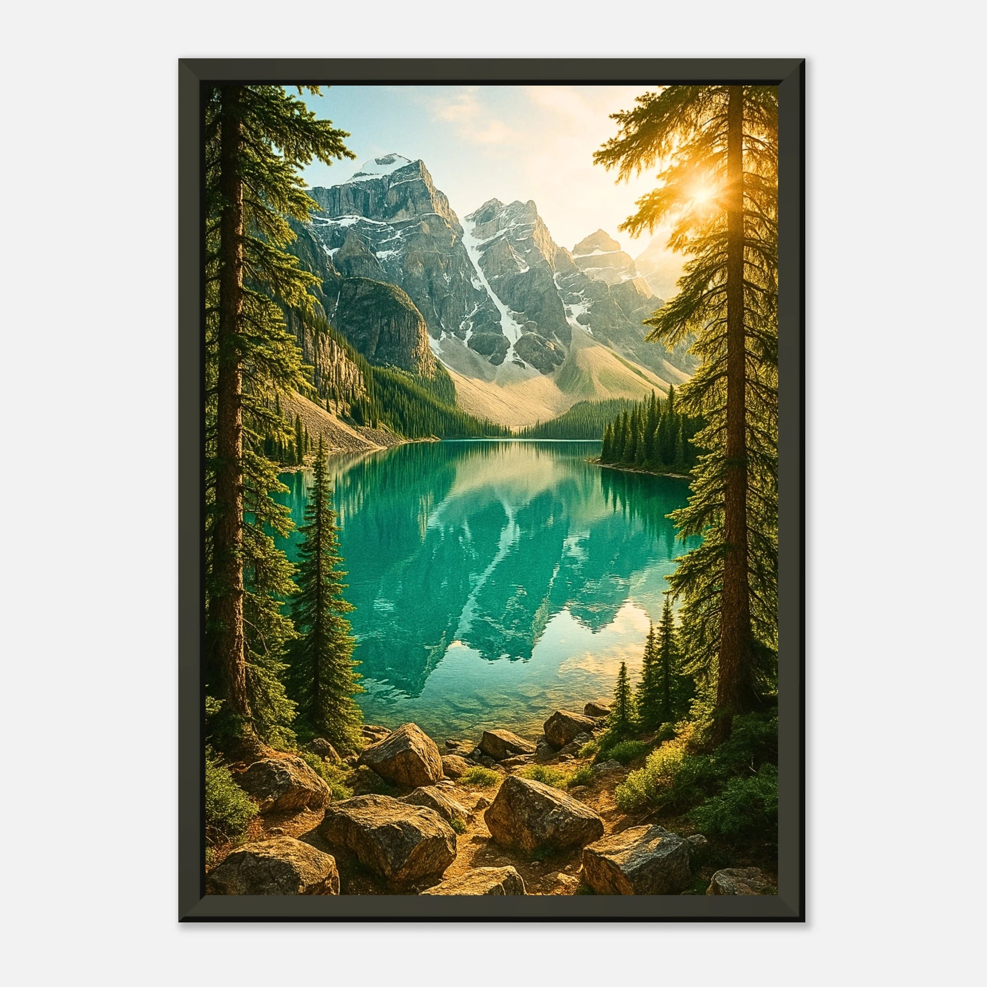 Mountain Reflections Poster in schräger Ansicht – beeindruckende Bergkulisse, goldene Sonne im Hintergrund, schwarzer Metallrahmen von Defa Designs.
