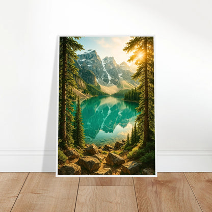 Mountain Reflections Poster – Bergsee Landschaft mit Spiegelung, angelehnt an Wand, moderne Raumgestaltung