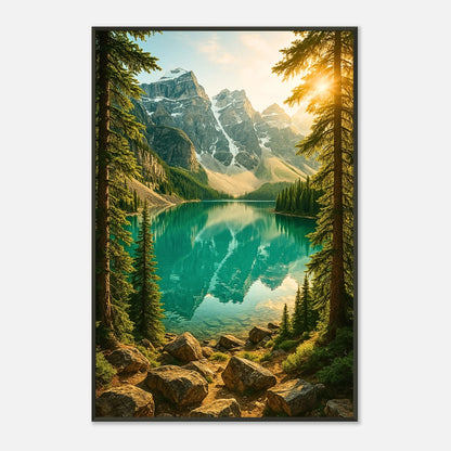 Seitenansicht des Mountain Reflections Posters – detailreiche Naturdarstellung mit Sonne, Bergen und Spiegelung im Wasser, schwarzer Metallrahmen.