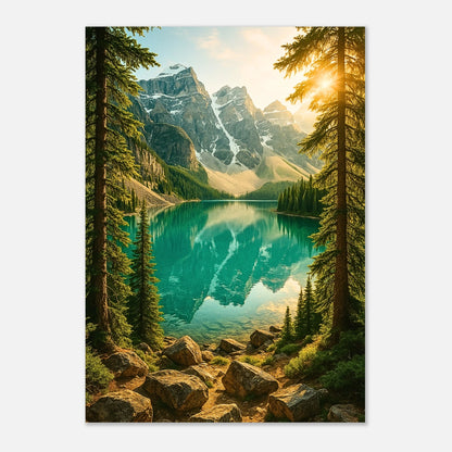 Mountain Reflections art print without frame – turquoise lake and forest mountain wall decor.