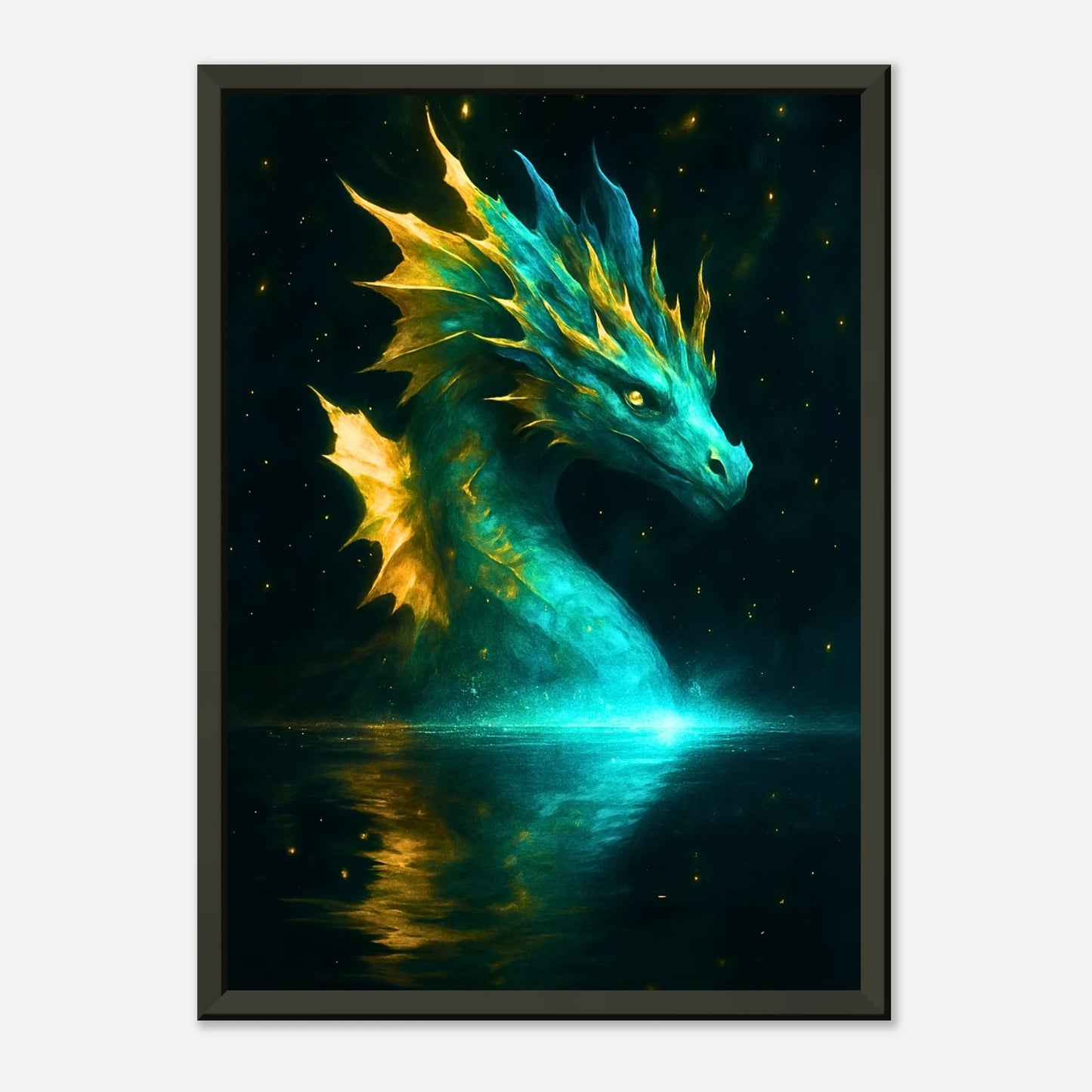 Mystic Water Dragon Drachen Wandkunst frontal dargestellt, mystisches Wasserwesen im schwarzen Metallrahmen