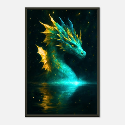 Mystic Water Dragon Fantasy Drachen Kunst als Wandbild mit schwarzem Metallrahmen, schimmernde Schuppen und magisches Wasserlicht