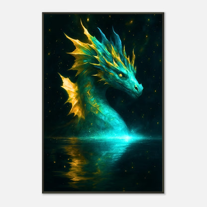 Mystic Water Dragon Fantasy Wandbild in dunklem modernen Interior, schwarzer Metallrahmen mit geheimnisvoller Wasseratmosphäre