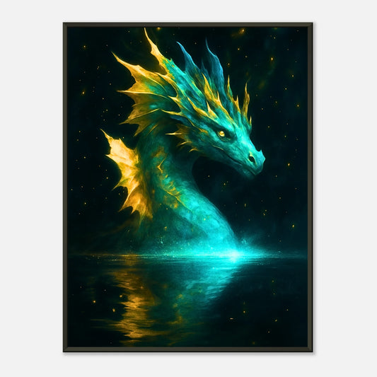 Mystic Water Dragon Meeresdrache Wandbild mit schwarzem Metallrahmen, leuchtender Wasserdrache steigt aus dem Ozean in mystischer Fantasy Szene