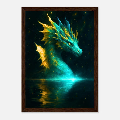 Mystic Water Dragon Poster im dunkelbraunen Holzrahmen – magischer Wasserdrache mit goldener Energie, leuchtende Fantasy Kunst für Wohnzimmer und Büro.