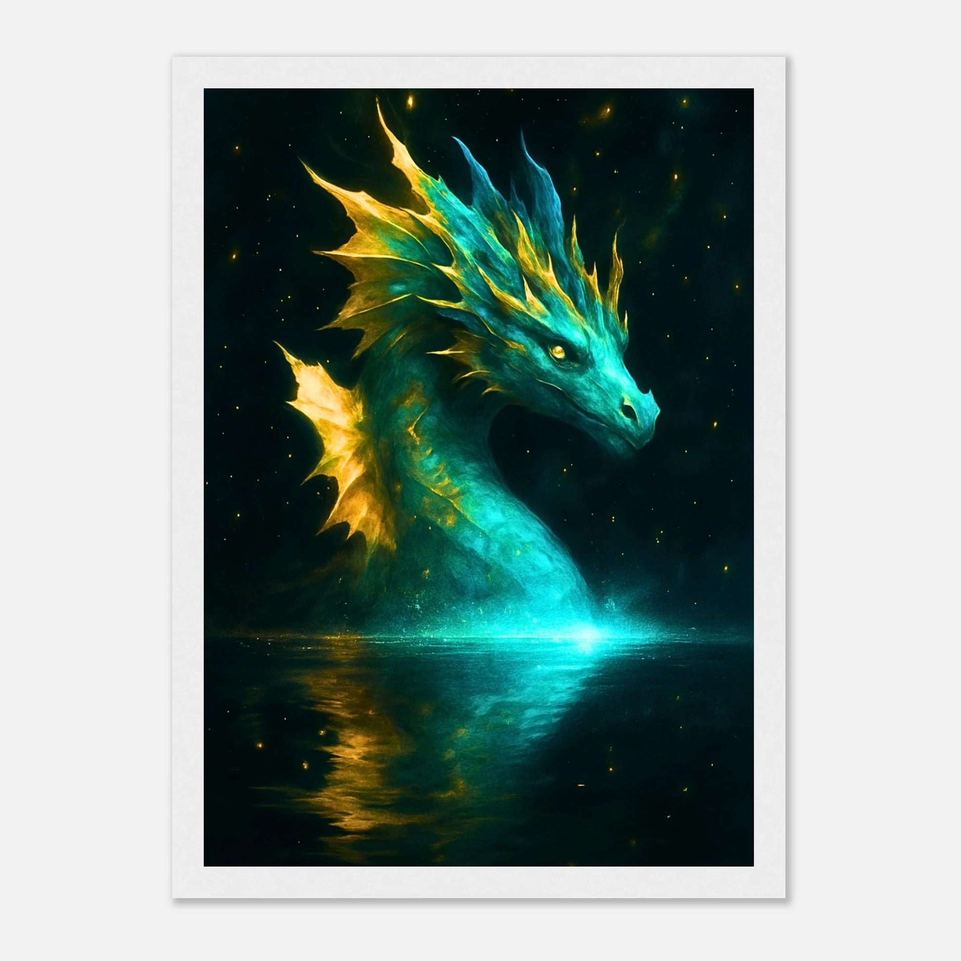 Mystic Water Dragon Poster im weißen Rahmen – strahlender blauer Drache über Wasser mit leuchtenden Flammen, magisches Fantasy Poster für Zuhause.