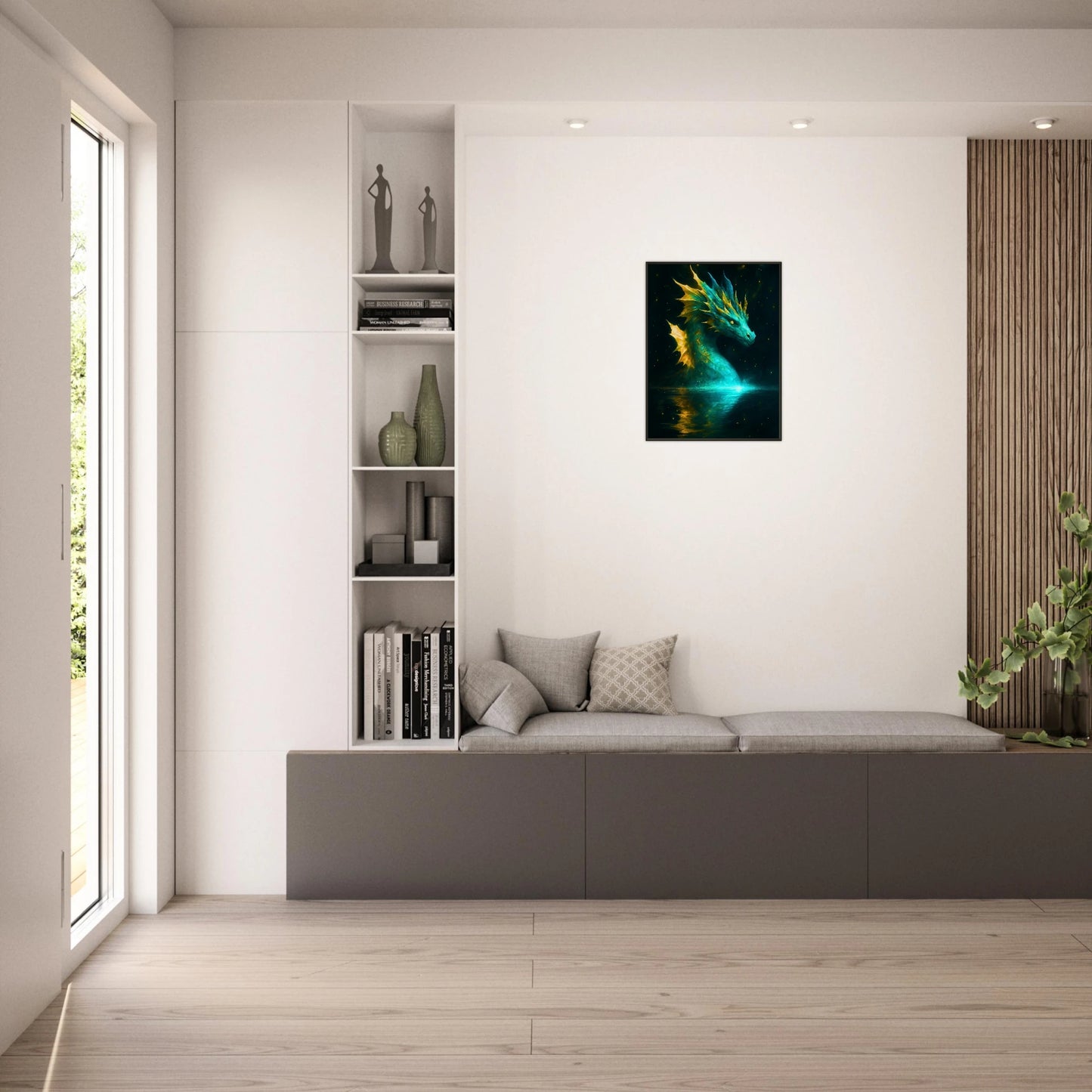Mystic Water Dragon Statement Wandbild über Sofa im Wohnzimmer, epische Wasserdrache Wandkunst im schwarzen Metallrahmen