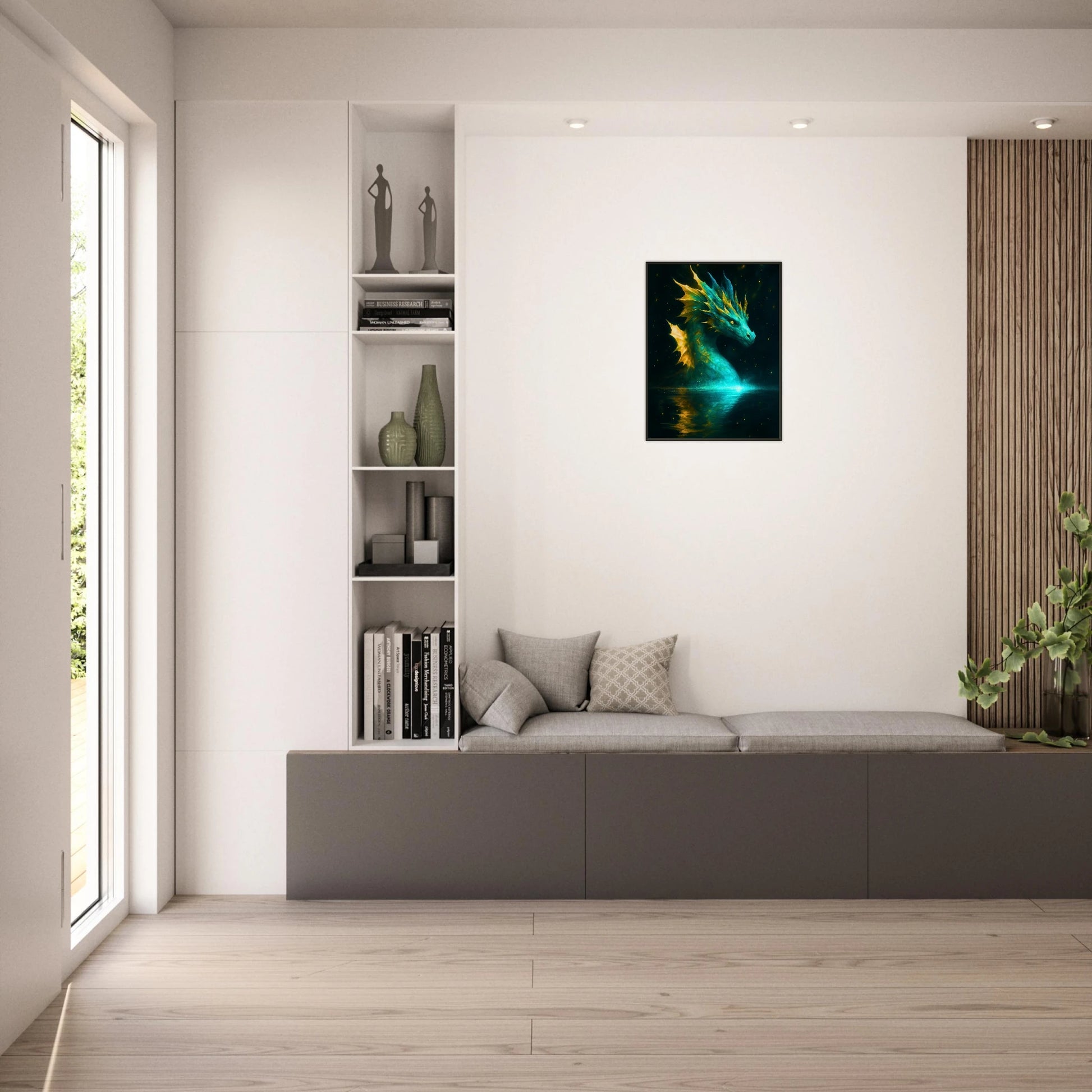 Mystic Water Dragon Statement Wandbild über Sofa im Wohnzimmer, epische Wasserdrache Wandkunst im schwarzen Metallrahmen
