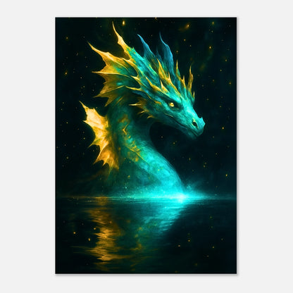 Wanddekoration Mystic Water Dragon – Fantasy Poster mit leuchtendem Drachen über dem Wasser