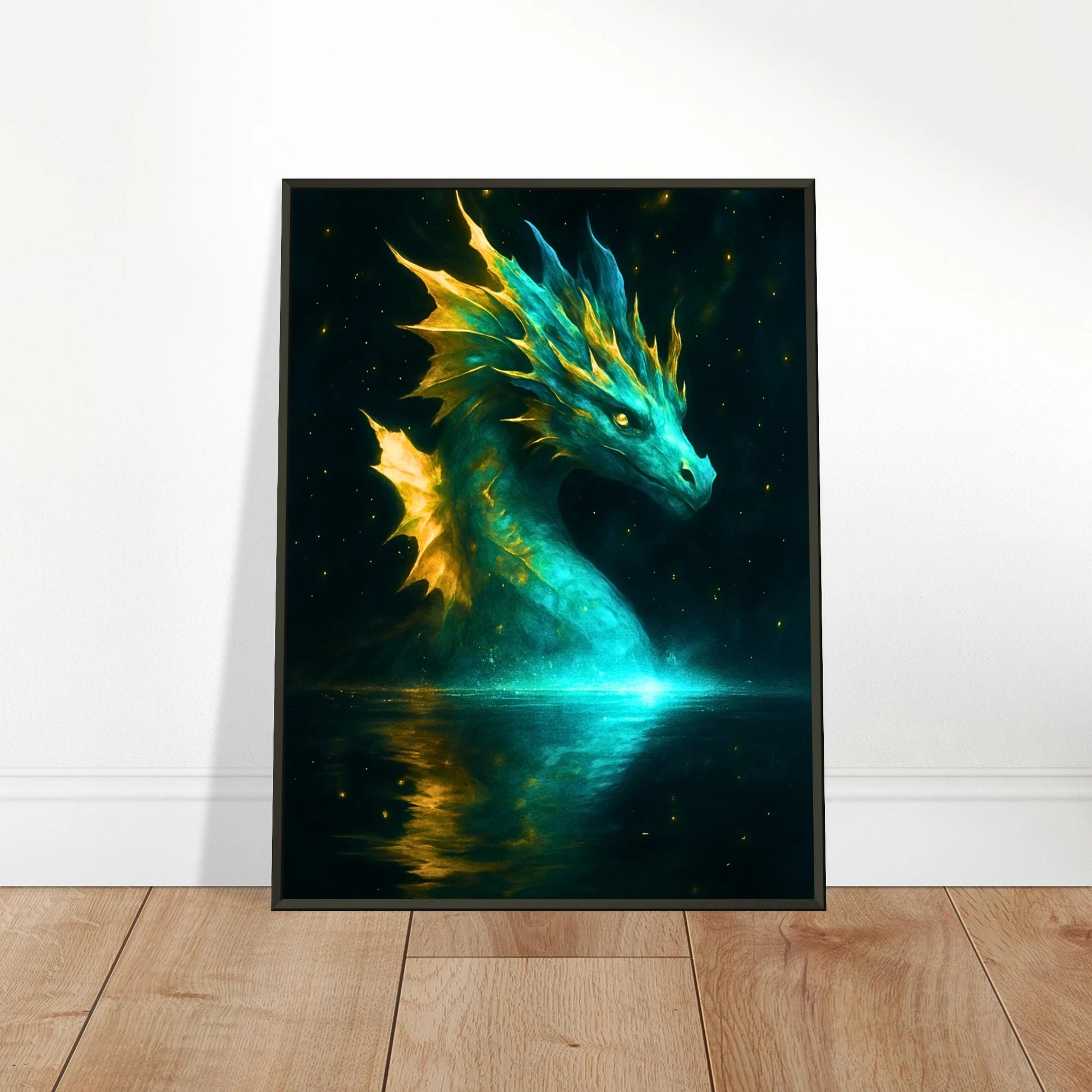 Mystic Water Dragon Wandbild in hellem modernen Wohnraum, magische Wasserdrache Fantasy im schwarzen Metallrahmen