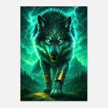 Mystic wolf poster art print with glowing green lightning background, fantasy animal wall decor
