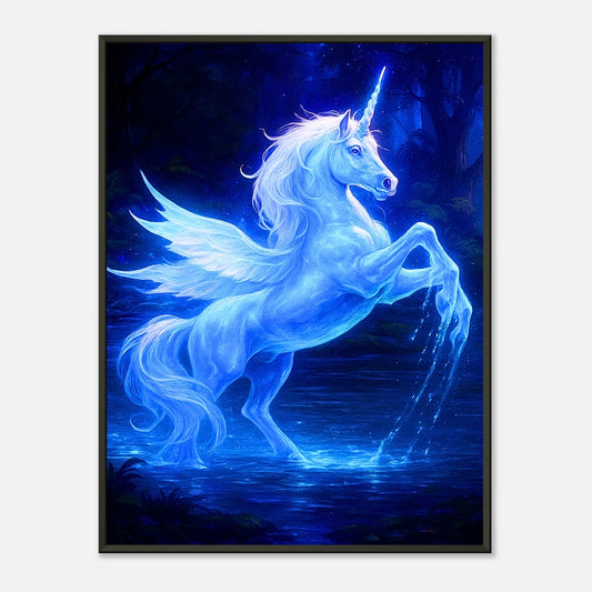 Mystical Blue Unicorn Fantasy Einhorn Wandbild mit schwarzem Metallrahmen, leuchtendes blaues Einhorn mit Flügeln in magischer Nachtstimmung