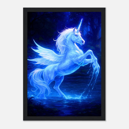 Mystical Blue Unicorn Poster im schwarzen Rahmen – leuchtendes, geflügeltes Einhorn in blauem Mondlicht über Wasser, magische Fantasy Wandkunst von Defa Designs.