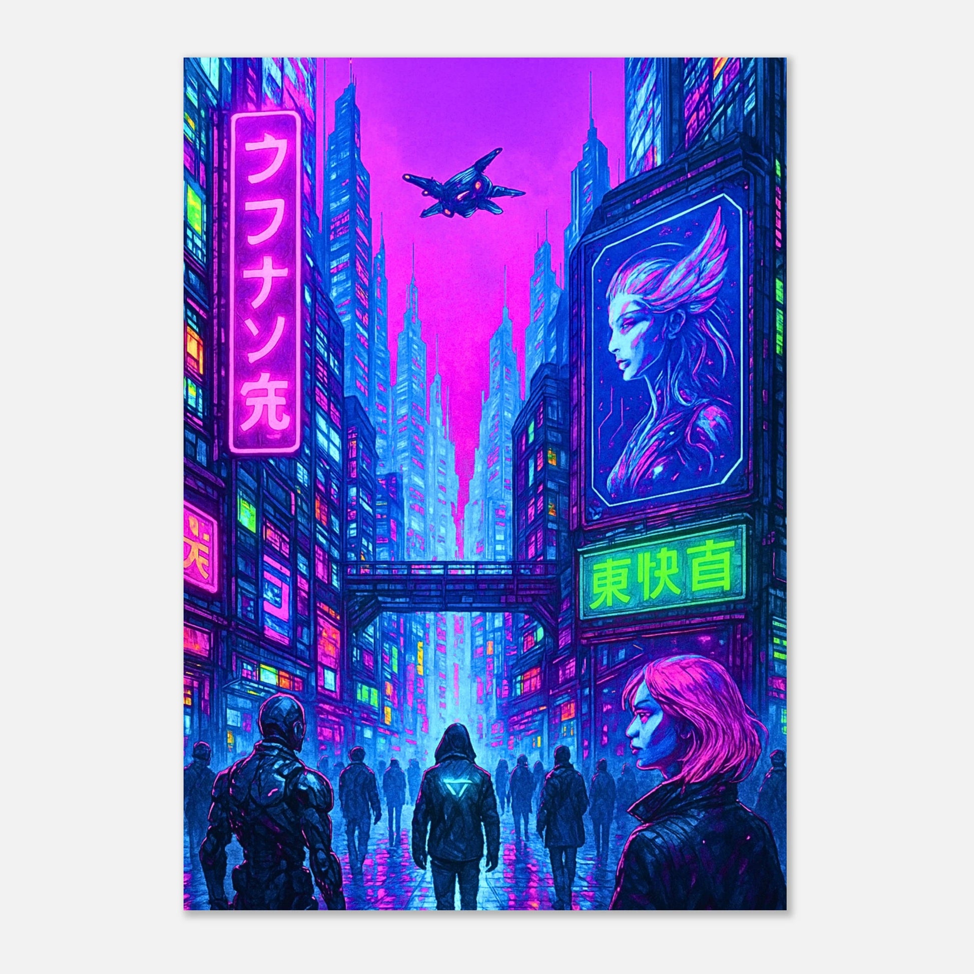 Cyberpunk Neon City Poster – Sci-Fi Wandbild mit futurischen Hochhäusern, Billboards und geheimnisvollen Figuren