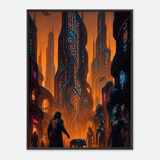 Neon Dystopia Cyberpunk Stadt Wandbild mit schwarzem Metallrahmen, dystopische futuristische Metropole mit leuchtenden Neonlichtern