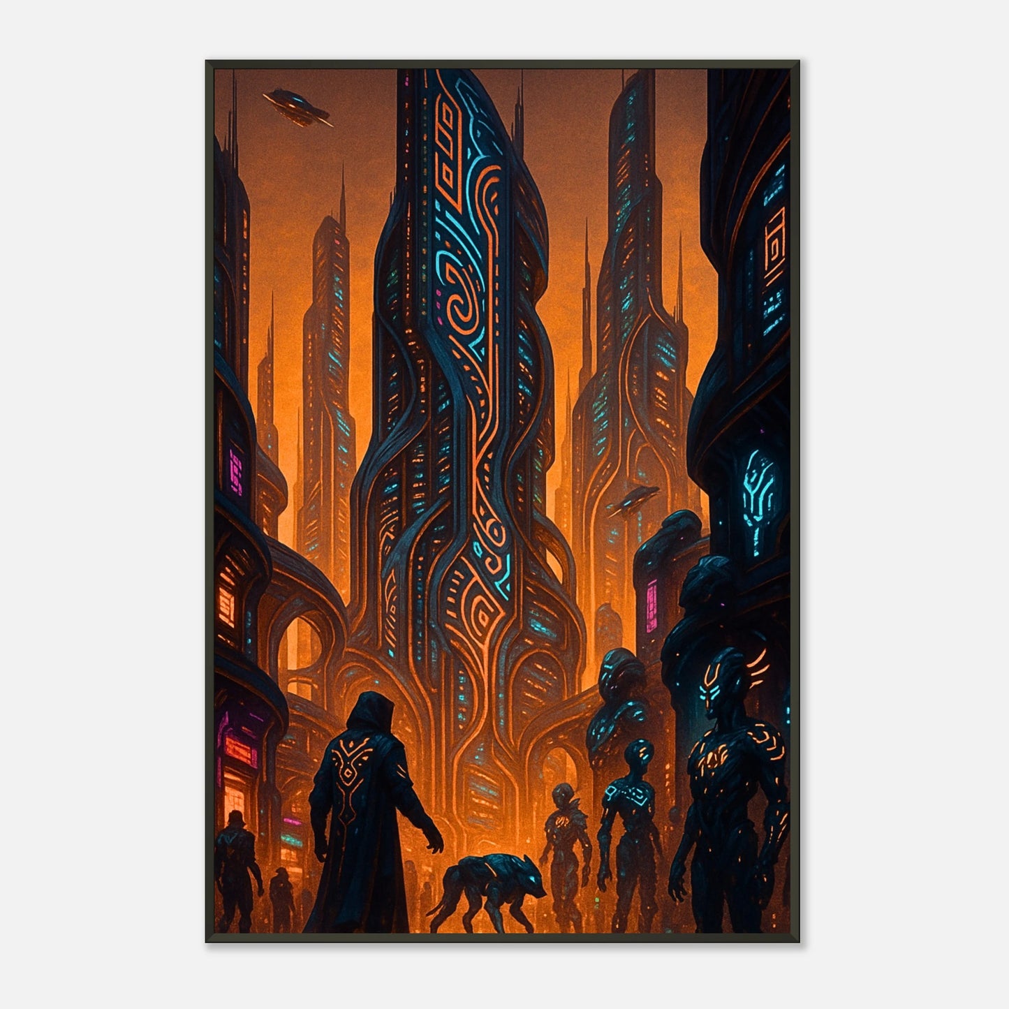 Neon Dystopia Cyberpunk Wandkunst frontal dargestellt, surreale Sci-Fi Stadt im schwarzen Metallrahmen