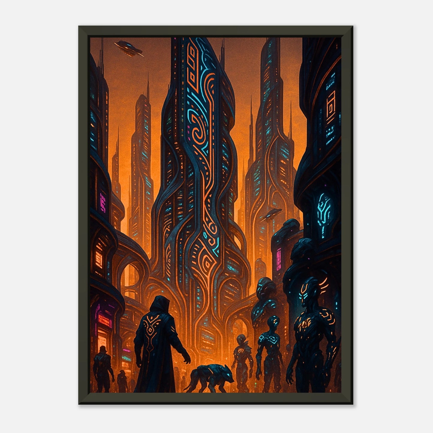 Neon Dystopia Neon City Kunst als Wandbild mit schwarzem Metallrahmen, futuristische Hochhäuser mit glühenden Mustern