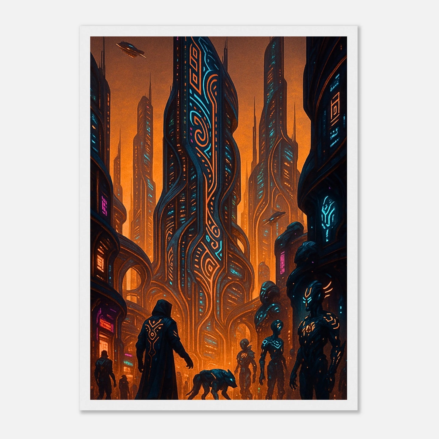 Neon Dystopia Poster im weißen Rahmen – farbintensive Neonstadt mit orange-blauen Lichtern und futuristischen Gebäuden, modernes Cyberpunk Wandbild.