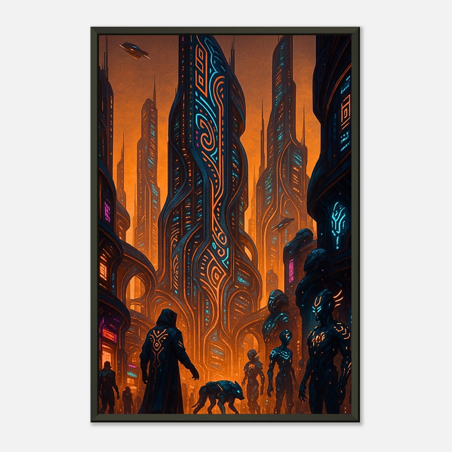 Neon Dystopia Sci-Fi Wandbild in dunklem modernen Interior, schwarzer Metallrahmen mit dystopischer Neon-Atmosphäre