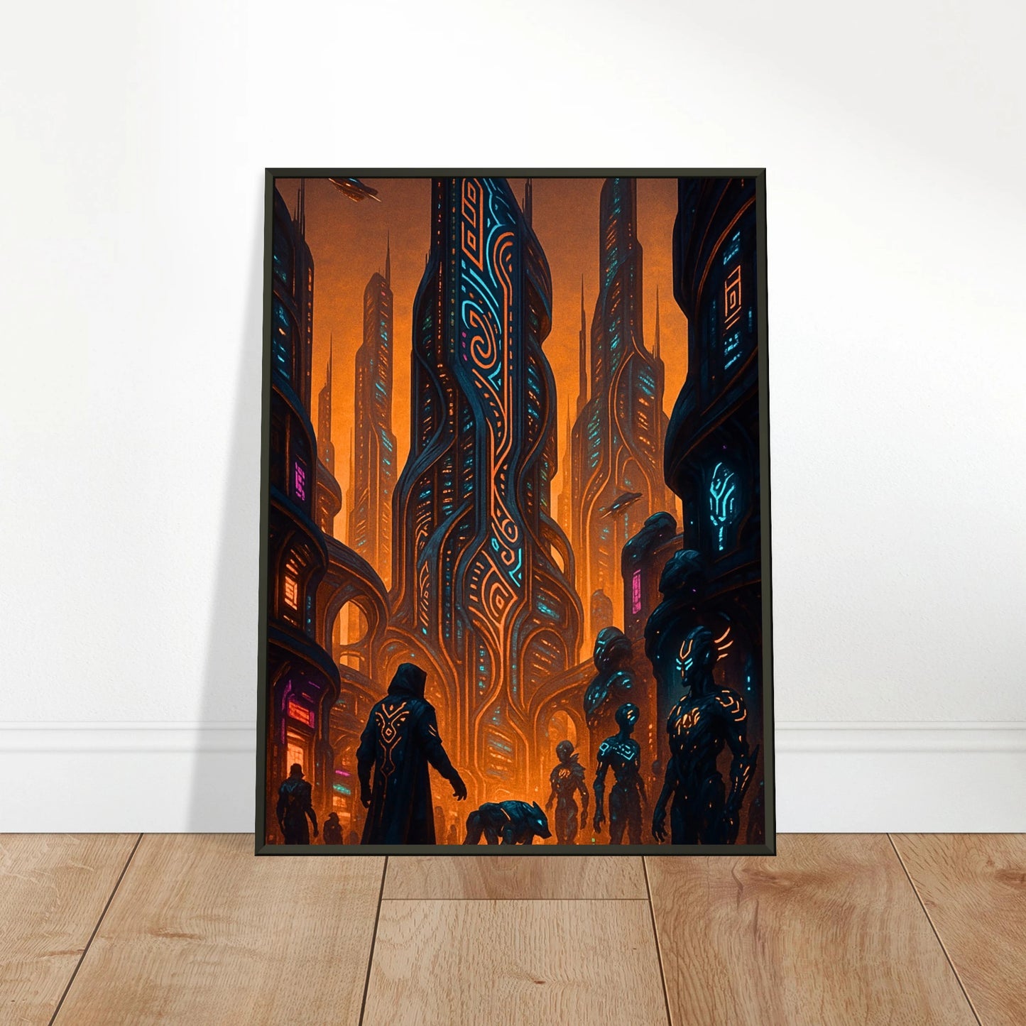 Neon Dystopia Wandbild in hellem modernen Wohnraum, futuristische Cyberpunk Stadt im schwarzen Metallrahmen