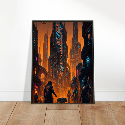 Neon Dystopia Wandbild in hellem modernen Wohnraum, futuristische Cyberpunk Stadt im schwarzen Metallrahmen