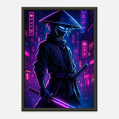 Detailaufnahme des Neon Ronin Cyber Samurai Posters im schwarzen Metallrahmen – Nahaufnahme der futuristischen Neonästhetik.