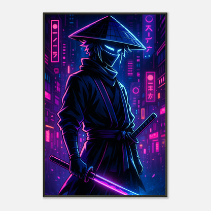 Seitenansicht des Neon Ronin Cyber Samurai Posters mit schwarzem Metallrahmen – futurische Anime Wanddekoration.