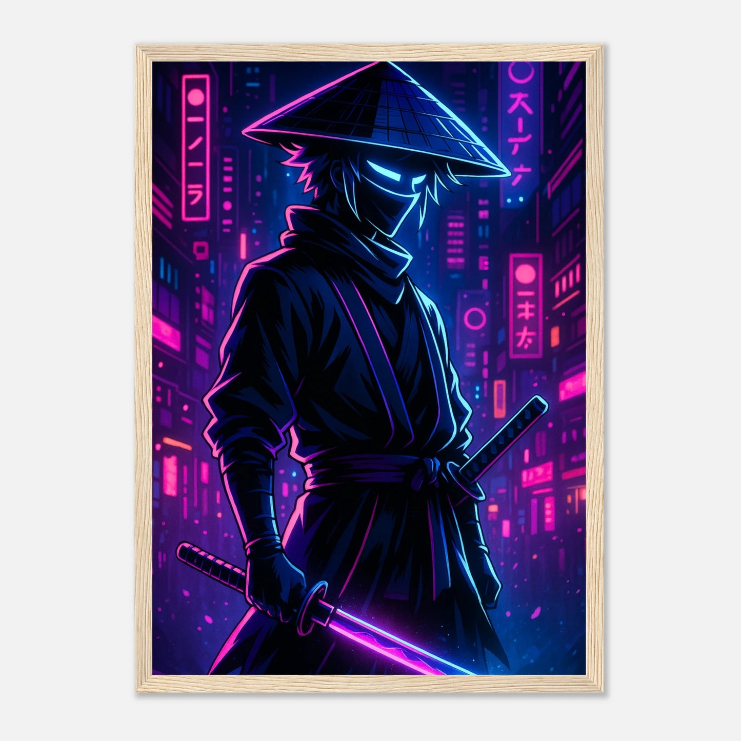 NEON RONIN Poster im hellbraunen Holzrahmen – Cyber-Samurai mit violettem Neonlicht, futuristische Anime-Kunst voller Energie und Tiefe. Premium-Kunstdruck von Defa Designs.