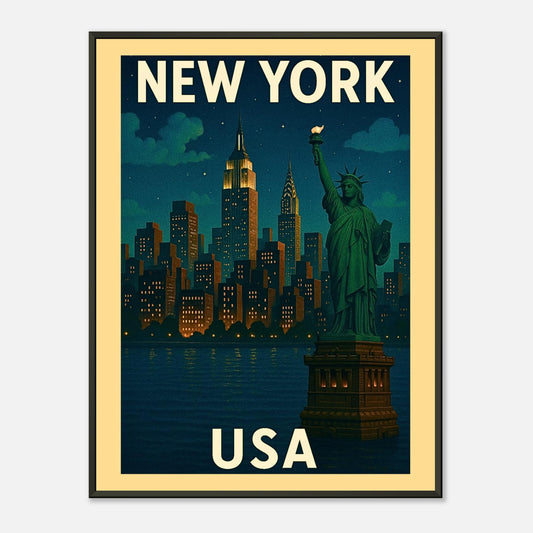 New York USA vintage city wall art with black metal frame, Statue of Liberty and glowing NYC skyline at night