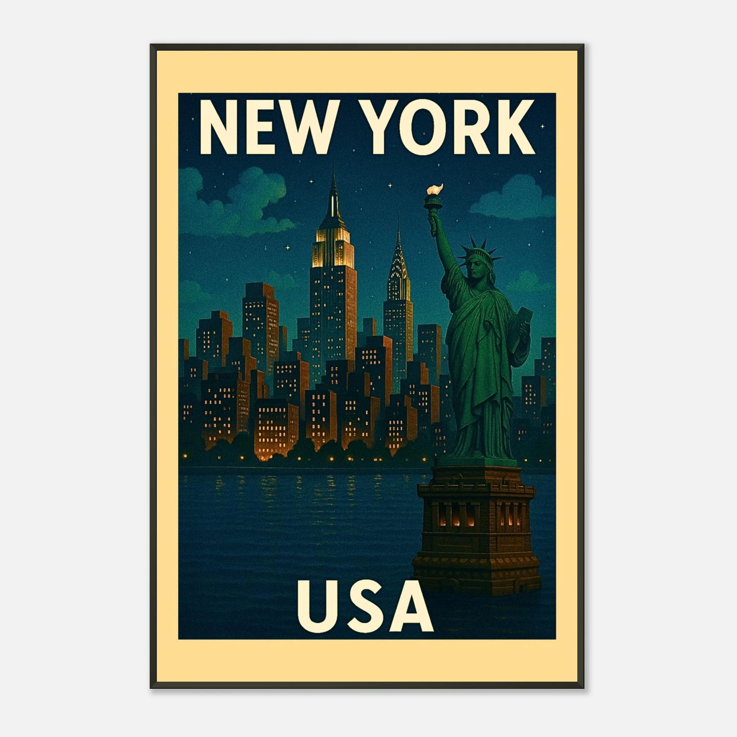 New York USA wall art front view, retro travel poster featuring Statue of Liberty in black metal frame