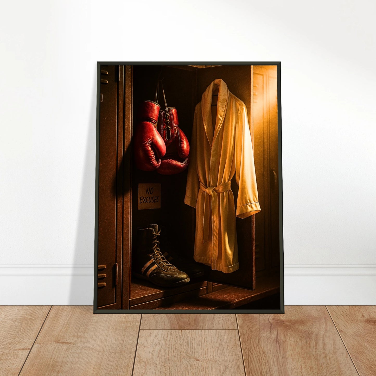 Boxposter „No Excuses“ an die Wand gelehnt | Motivationskunst für Sportler und Gewinner | Schwarzer Metallrahmen | DEFA Designs