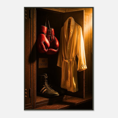 Motivationsbild „No Excuses“ – Boxhandschuhe und Robe im Lichtschein | Schwarzer Metallrahmen | DEFA Designs