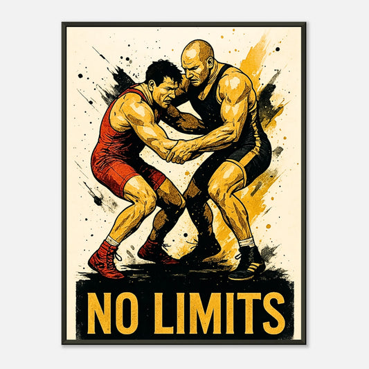 „No Limits“ Wrestling-Poster im schwarzen Metallrahmen – kraftvolle Sportkunst mit zwei Ringern in dynamischer Pose | DEFA Designs
