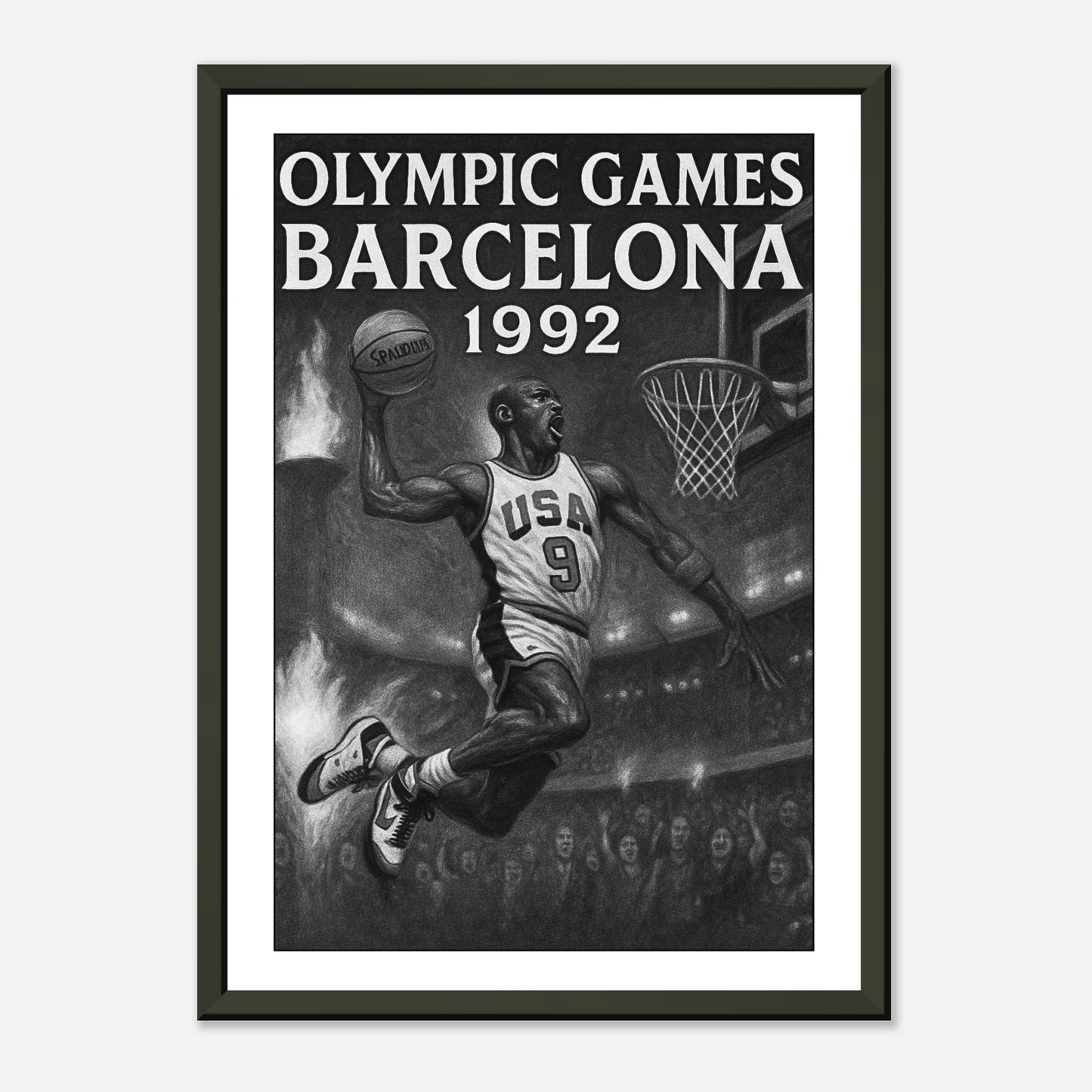 Olympic Games Barcelona 1992 Basketball Poster | Schwarzer Metallrahmen | Vintage Sports Art mit ikonischem Dream-Team-Motiv | DEFA Designs