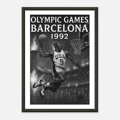 Olympic Games Barcelona 1992 Basketball Poster | Schwarzer Metallrahmen | Vintage Sports Art mit ikonischem Dream-Team-Motiv | DEFA Designs