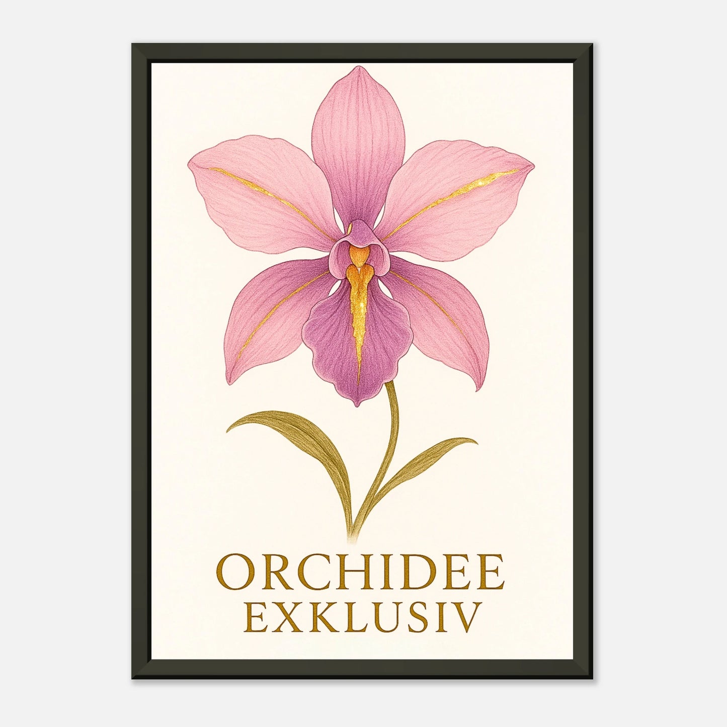 Orchid Grace Poster mit feiner Orchideenillustration und Schriftzug „Orchidee Exklusiv“. Botanische Wandkunst mit schwarzem Rahmen von Defa Designs.