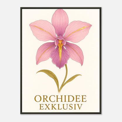 Orchid Grace Poster – elegante rosa Orchidee mit goldenen Akzenten im schwarzen Metallrahmen. Zeitloses florales Wandbild von Defa Designs.
