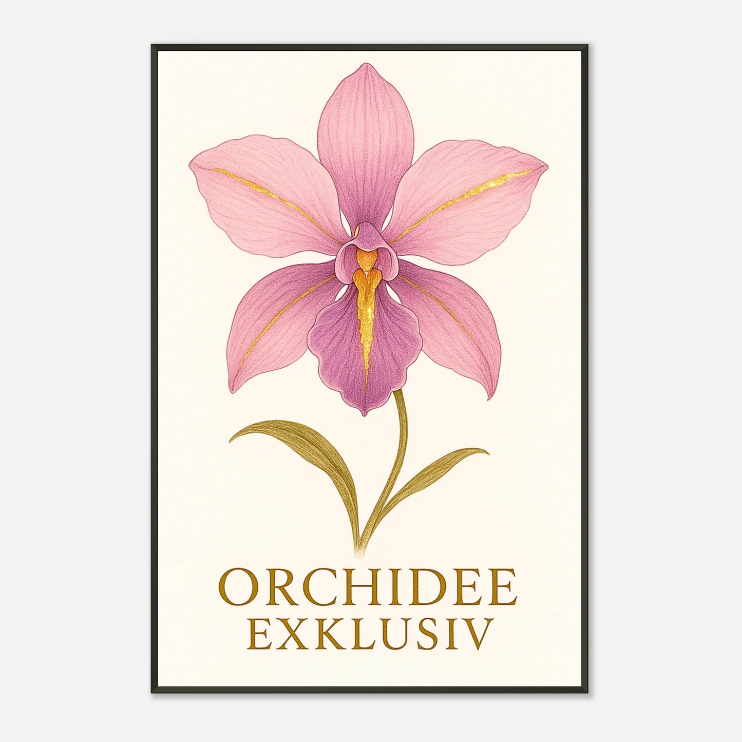 Orchid Grace Poster in angewinkelter Ansicht – luxuriöse florale Illustration mit sanften Farben, eingerahmt in Schwarz.