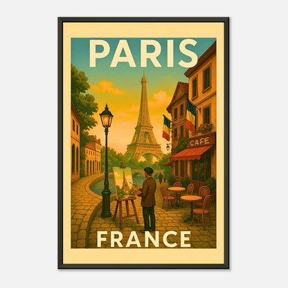 Paris France vintage city poster in black metal frame with Eiffel Tower and classic European street scene