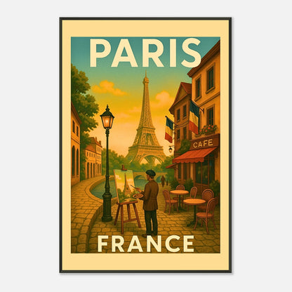 Paris France wall art in black metal frame standing on wooden floor with warm vintage city illustration