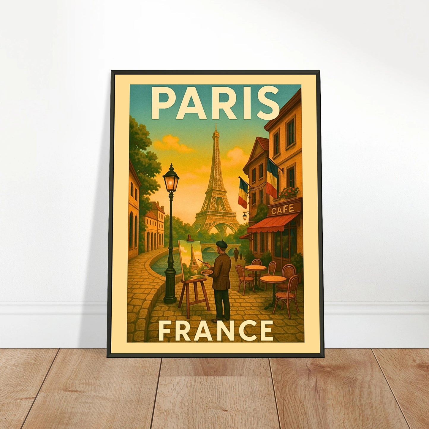 Paris vintage wall art displayed in modern living room with black metal frame and Eiffel Tower city design