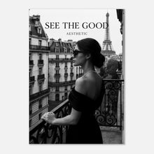 Paris Noir Poster – elegantes Schwarz-Weiß Wandbild mit Frau und Eiffelturm, moderne Wanddekoration
