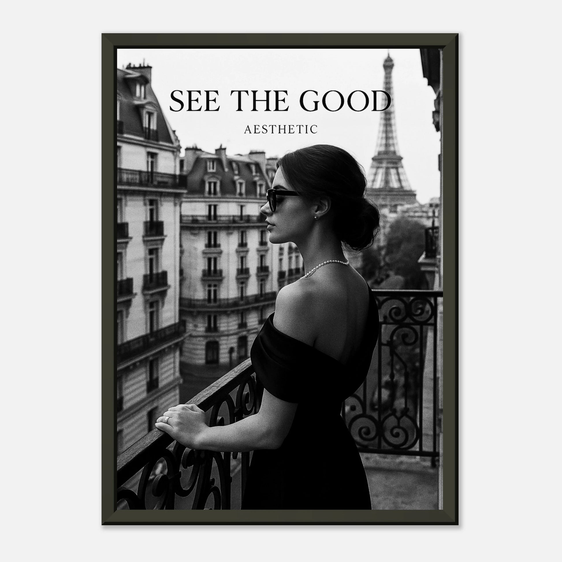 Paris Noir black and white Paris wall art poster in black metal frame, stylish female silhouette with Eiffel Tower background