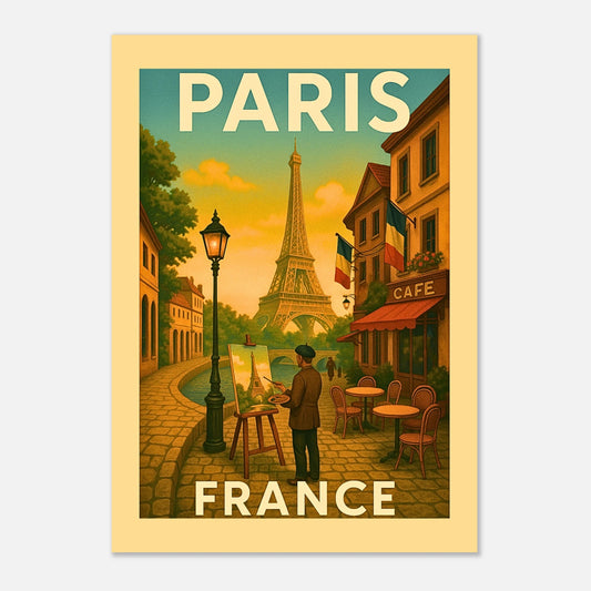 „Paris Poster – France Vintage Art Print mit Eiffelturm, Cafés und Künstler-Szene als Wanddeko“