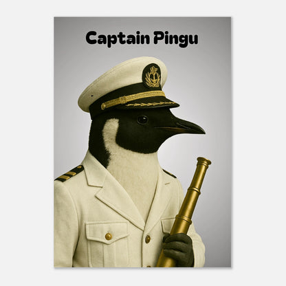 Nahaufnahme vom Captain Pingu Poster – detailreicher Pinguin in cremefarbener Uniform.