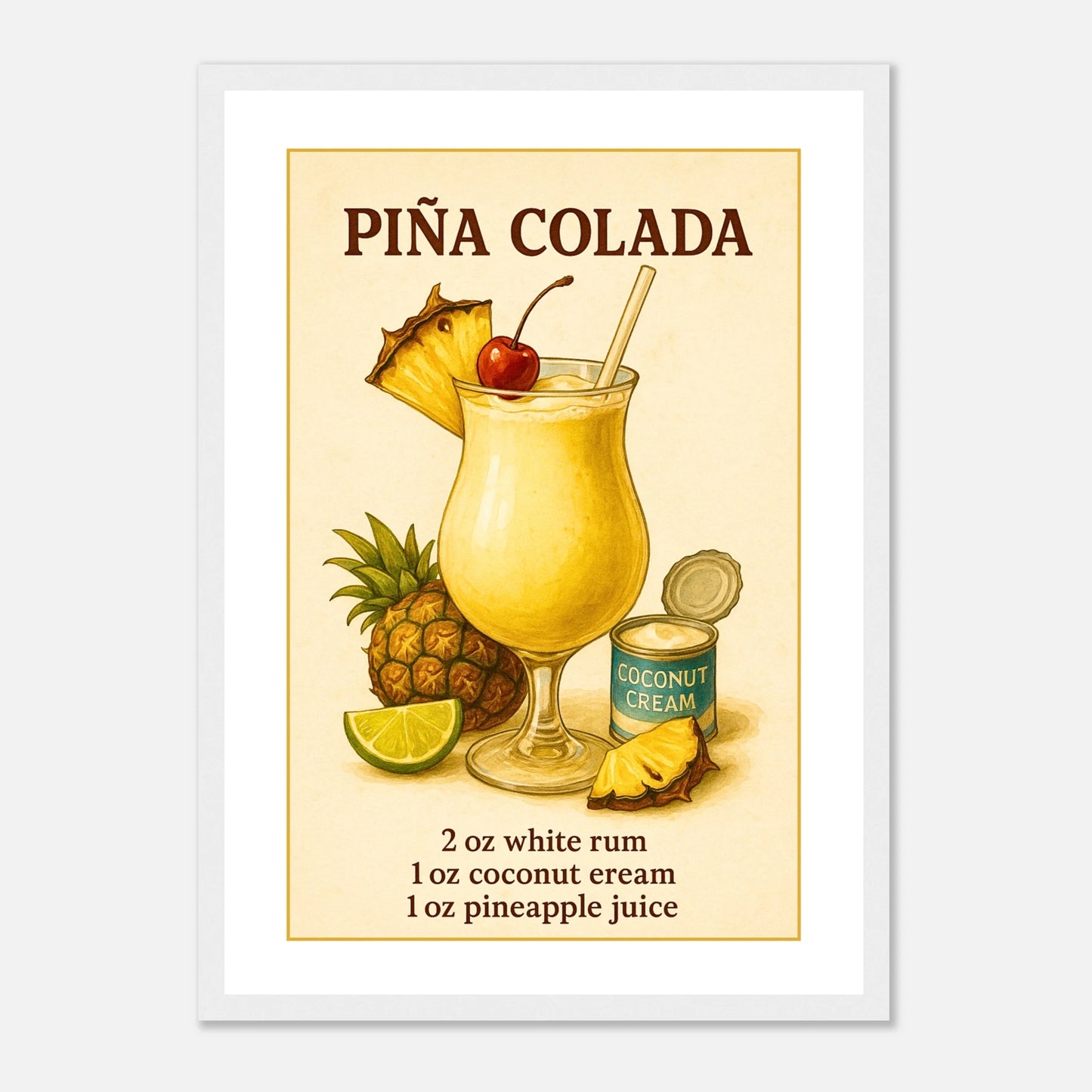Piña Colada Poster im weißen Rahmen – fröhliches Cocktail-Design mit Ananas und Kokosnuss, tropische Wanddekoration für Küche, Wohnzimmer oder Barbereich – von Defa Designs.