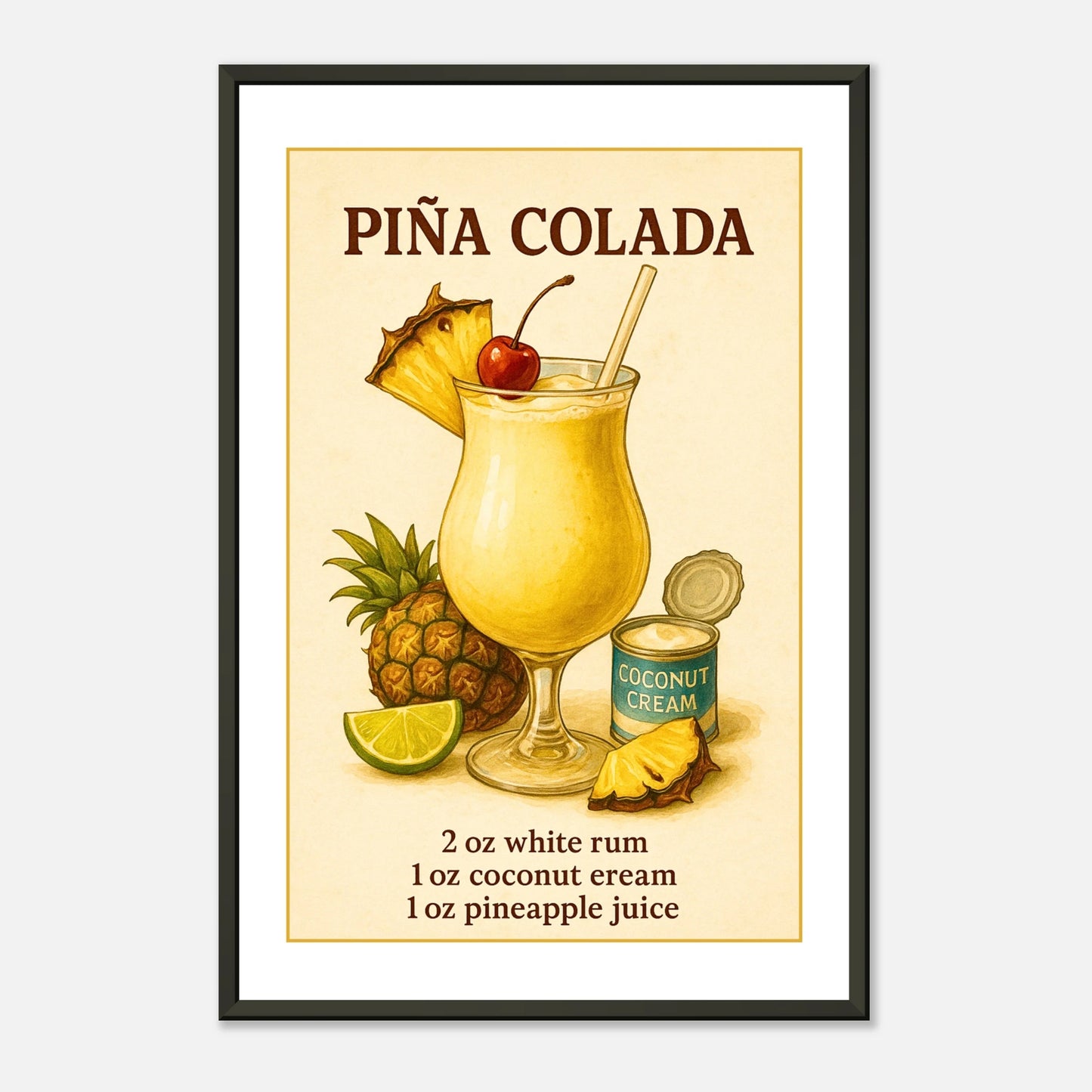 Piña Colada tropical wall art print in black metal frame with colorful retro cocktail illustration