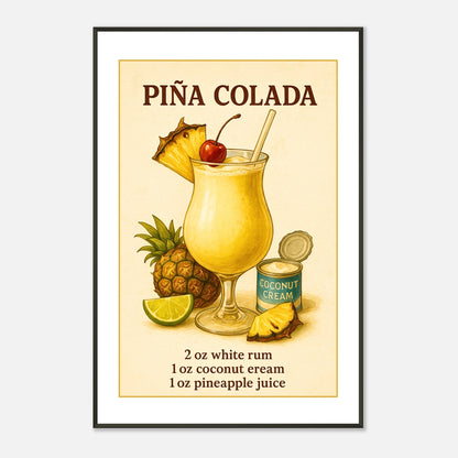 Piña Colada cocktail wall art poster in black metal frame front view with vibrant tropical drink artwork