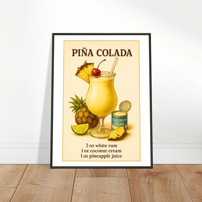 Piña Colada cocktail wall art poster leaning against wall in black metal frame modern kitchen decor mockup